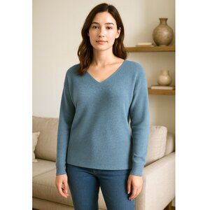 Ella Moss | Ribbed V-Neck Sweater Cuffed Long Sleeve in Sea Blue | Size Small